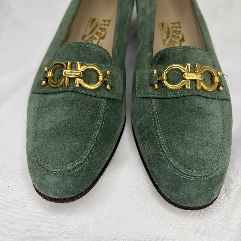 Salvatore Ferragamo Penny Loafers Women’s Green Suede Size 8B Made in Italy - Picture 3 of 9